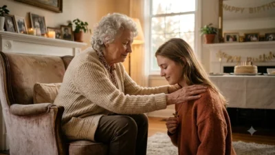 An elderly grandmother giving a heartfelt birthday blessing to her granddaughter in a cozy living room.