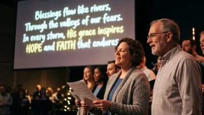 A church choir singing with inspirational lyrics about hope and faith projected on a large screen behind them.