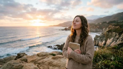 A woman on a coastal cliff holding a book close to her heart during a peaceful sunset.