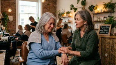 Stylist comforting an emotional woman inside Blessings Salon.