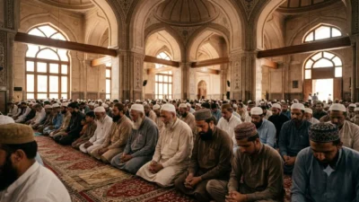 Men sitting in rows praying peacefully inside a historic grand mosque during Friday prayers