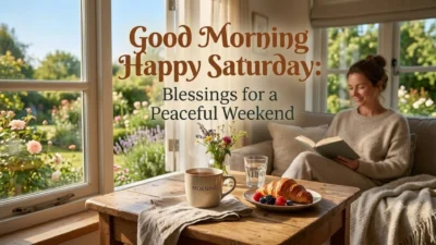 Cozy Saturday morning breakfast by a window overlooking a sunny garden with text wishing a peaceful weekend