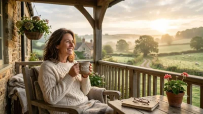 A smiling woman holding a Monday blessings mug on a scenic countryside porch at sunrise.