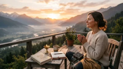 A woman praying on a wooden deck overlooking misty mountains at sunrise with a holy book and candle on the table.