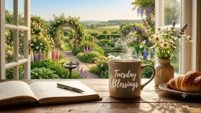 A warm mug with Tuesday Blessings text sits on a wooden desk looking out at a sunlit garden.