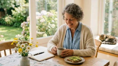 A smiling woman enjoying a peaceful Wednesday morning with hot tea, avocado toast, and a journal by a sunlit window.