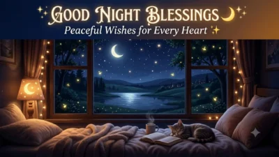 Cozy bedroom window view of a starry night lake with a sleeping cat and good night blessings text.
