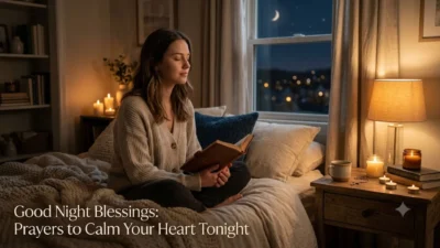 A woman sitting on a bed peacefully praying with a book open in a warmly lit room with candles.