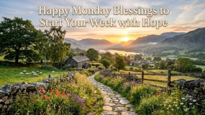 Sun rising over a countryside valley pathway with text happy monday blessings to start your week with hope.
