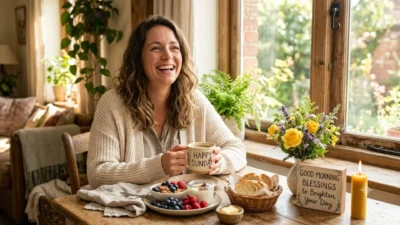 A smiling woman enjoying a bright Sunday morning breakfast with coffee and fresh berries by a sunny window