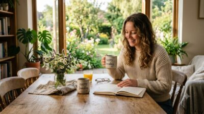 Woman enjoying a peaceful Sunday morning with a book and coffee in a sunlit room filled with flowers