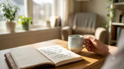 A hand holding a coffee mug next to an open journal with Monday blessings quotes.