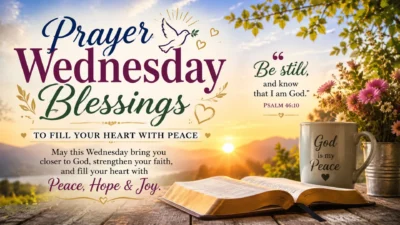 Prayer Wednesday blessings image with sunrise, open Bible, flowers, and peaceful Christian morning message