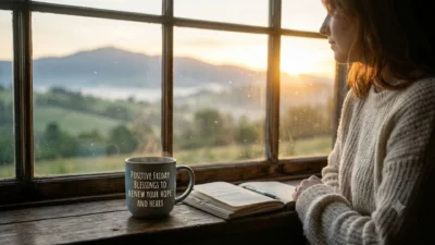 A woman looking out a window at a sunrise next to a mug with positive Friday blessings text.