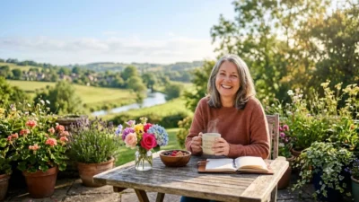 A smiling woman enjoys a warm drink on a sunlit garden patio overlooking a beautiful countryside river valley.