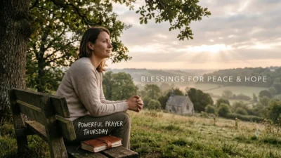 Woman sitting on a rustic bench praying overlooking a peaceful valley with a small church at sunrise.
