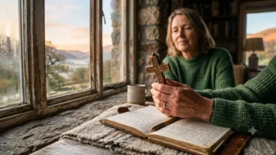 Hands holding a wooden cross over an open journal by a window with morning light.