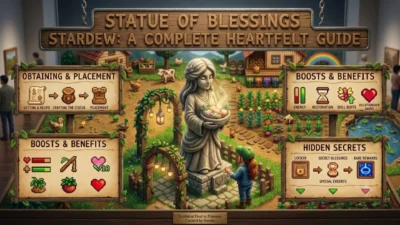 : 3D diorama of Stardew Valley featuring the Statue of Blessings guide with realistic textures in an art gallery.