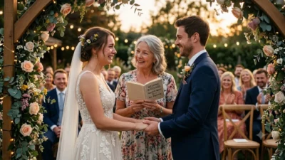 A bride tears up during outdoor wedding blessings as the groom holds her hand under a floral arch.