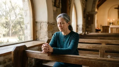 A woman sitting in a church pew with closed eyes and clasped hands praying to renew hope.