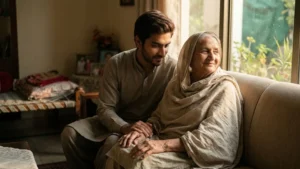 Young man gently holding his elderly mothers hand by a sunlit window as a reminder of love and blessings