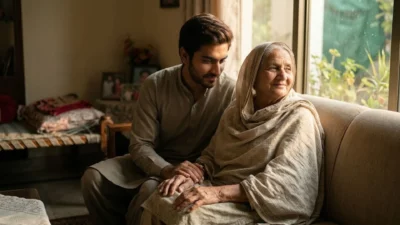 Young man gently holding his elderly mothers hand by a sunlit window as a reminder of love and blessings