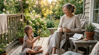 A smiling woman on a porch drinking tea while a young girl hands her a bouquet of wildflowers in the morning sun.