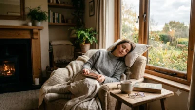Woman sleeping peacefully in a cozy armchair wrapped in a knit blanket near a fireplace and window with warm tea.