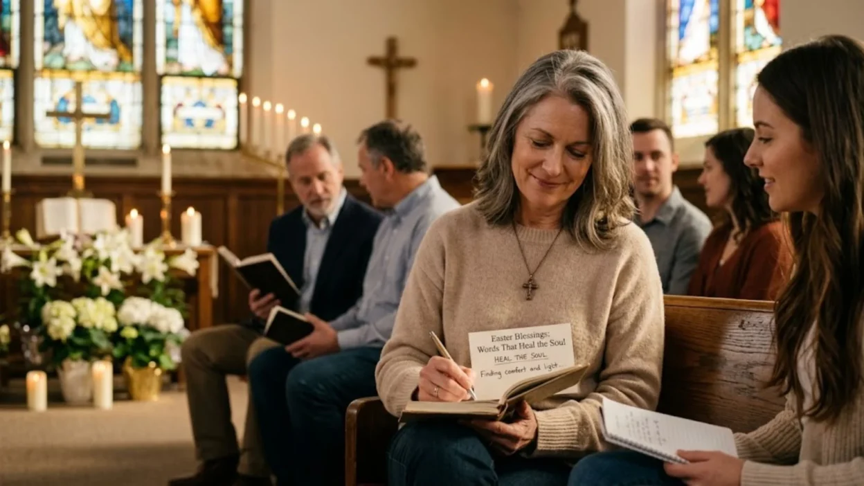 Woman writing Easter blessings in a notebook while sitting in a sunlit church pew