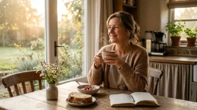 Woman enjoying coffee by a sunny window with breakfast and journal for Friday morning blessings