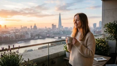 Woman smiling on a city balcony holding a coffee mug at sunrise for Monday blessings