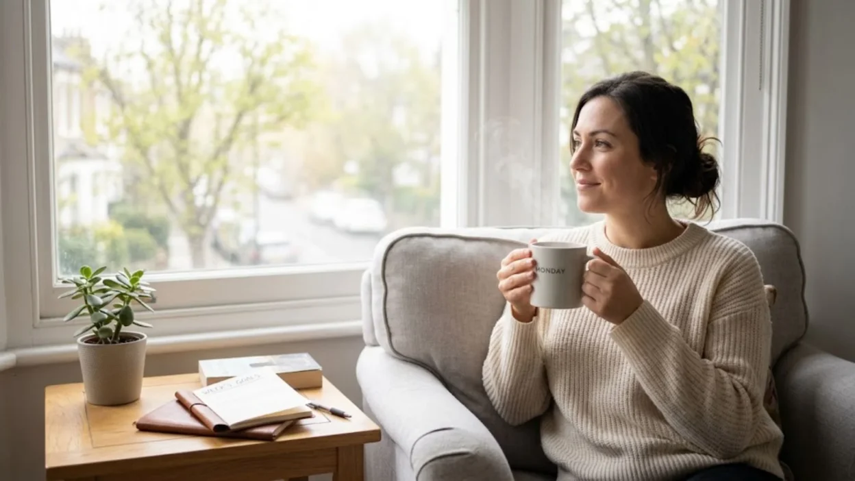 Woman in knit sweater holding a Monday coffee mug by a sunny window with her journal planner nearby.