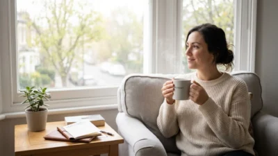 Woman in knit sweater holding a Monday coffee mug by a sunny window with her journal planner nearby.
