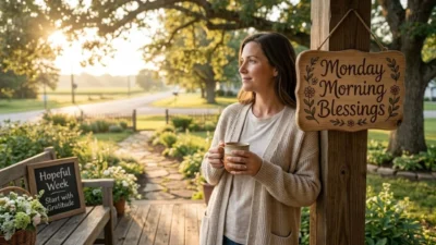 Woman holding coffee mug outdoors on a porch with Monday Morning Blessings sign in golden sunlight