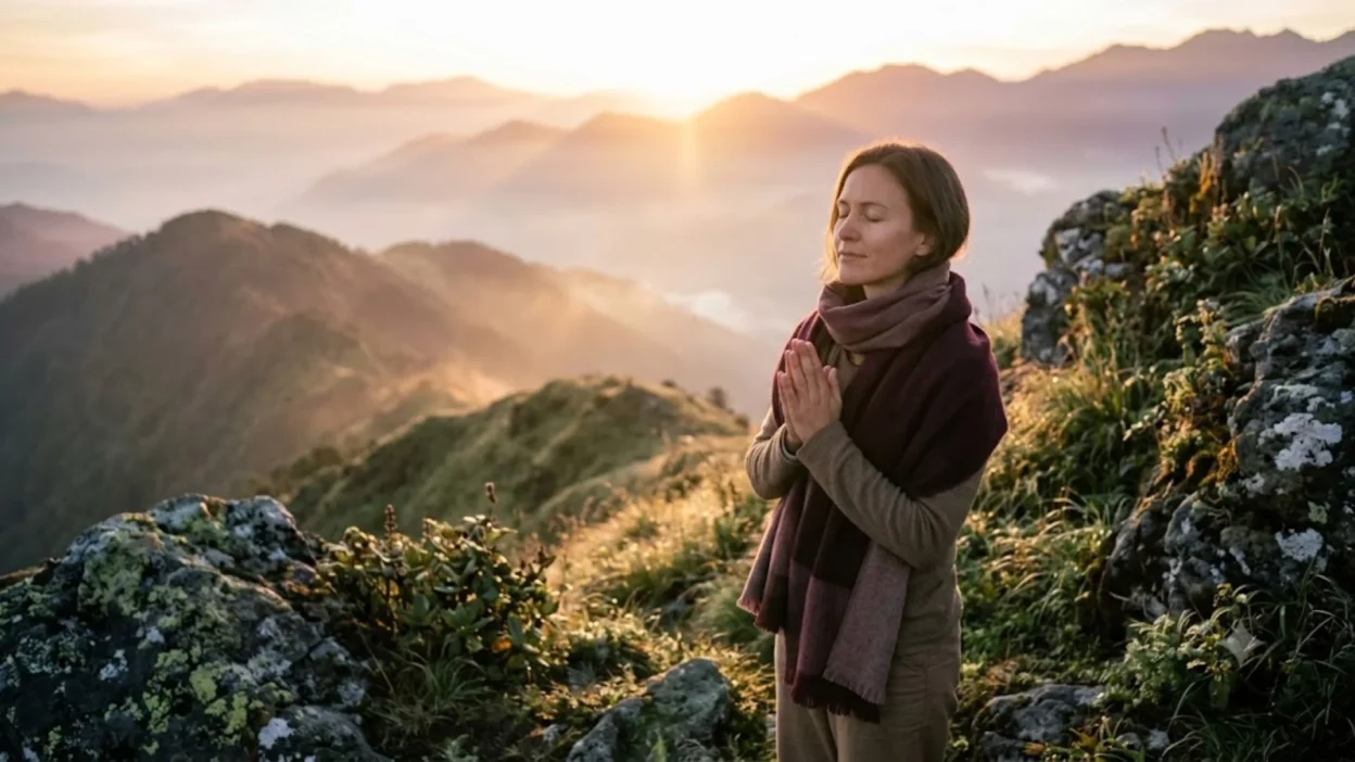 A serene photograph of a woman praying during a mountain sunrise