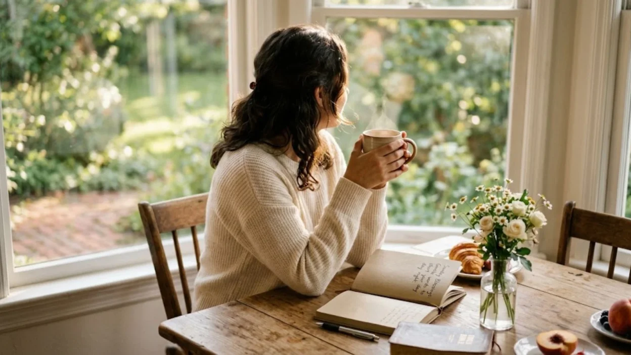 Woman sitting by a sunny window enjoying coffee and writing Sunday blessings in a journal.