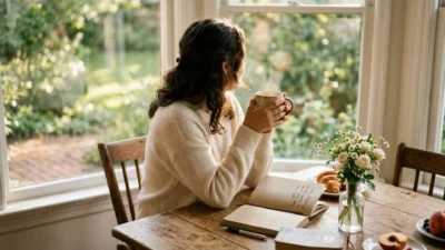 Woman sitting by a sunny window enjoying coffee and writing Sunday blessings in a journal.