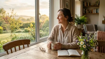 Woman sitting by a sunlit window enjoying coffee and writing tuesday morning blessings in a journal