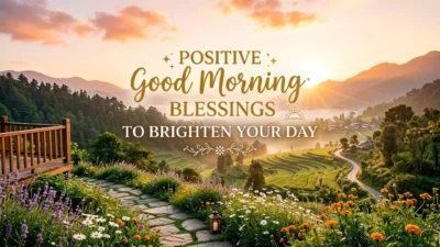 Scenic sunrise over lush green hills and blooming wildflower garden path with positive good morning blessing text