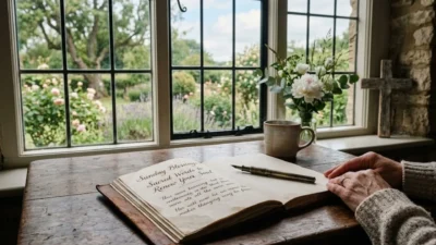 Open vintage journal, steaming mug, and wooden cross by a bright window overlooking a lush garden.