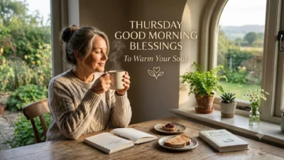 A woman enjoying a warm mug at a sunny wooden table with breakfast, a journal, and morning window light.