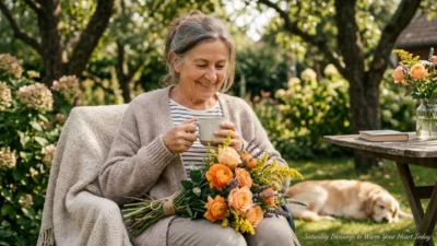 Smiling elderly woman sitting in a sunlit garden with a warm mug and fresh orange flowers on Saturday.