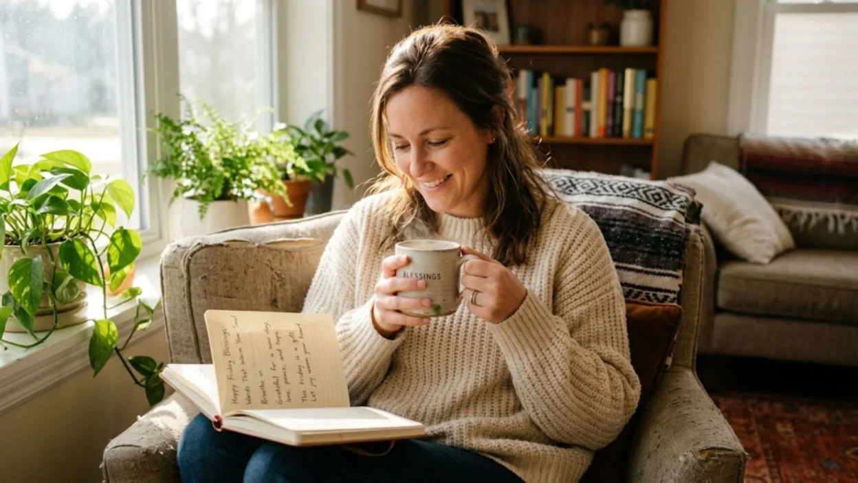 Woman in cozy sweater smiling with a blessings mug and open journal in a sunlit room.