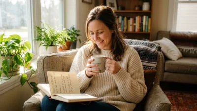 Woman in cozy sweater smiling with a blessings mug and open journal in a sunlit room.