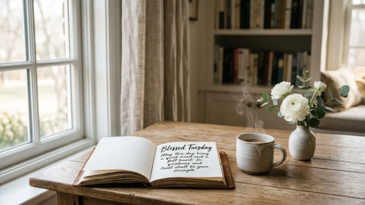 Open journal with blessed Tuesday prayer beside steaming coffee and white ranunculus flowers on a wooden table.