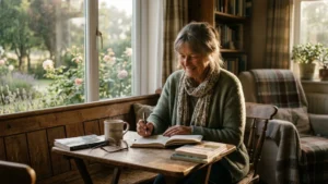 Woman journaling at a rustic wooden table by a sunny window with a warm mug