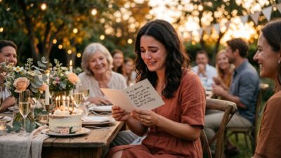 Woman emotionally reading a heartfelt birthday card at an outdoor garden party table
