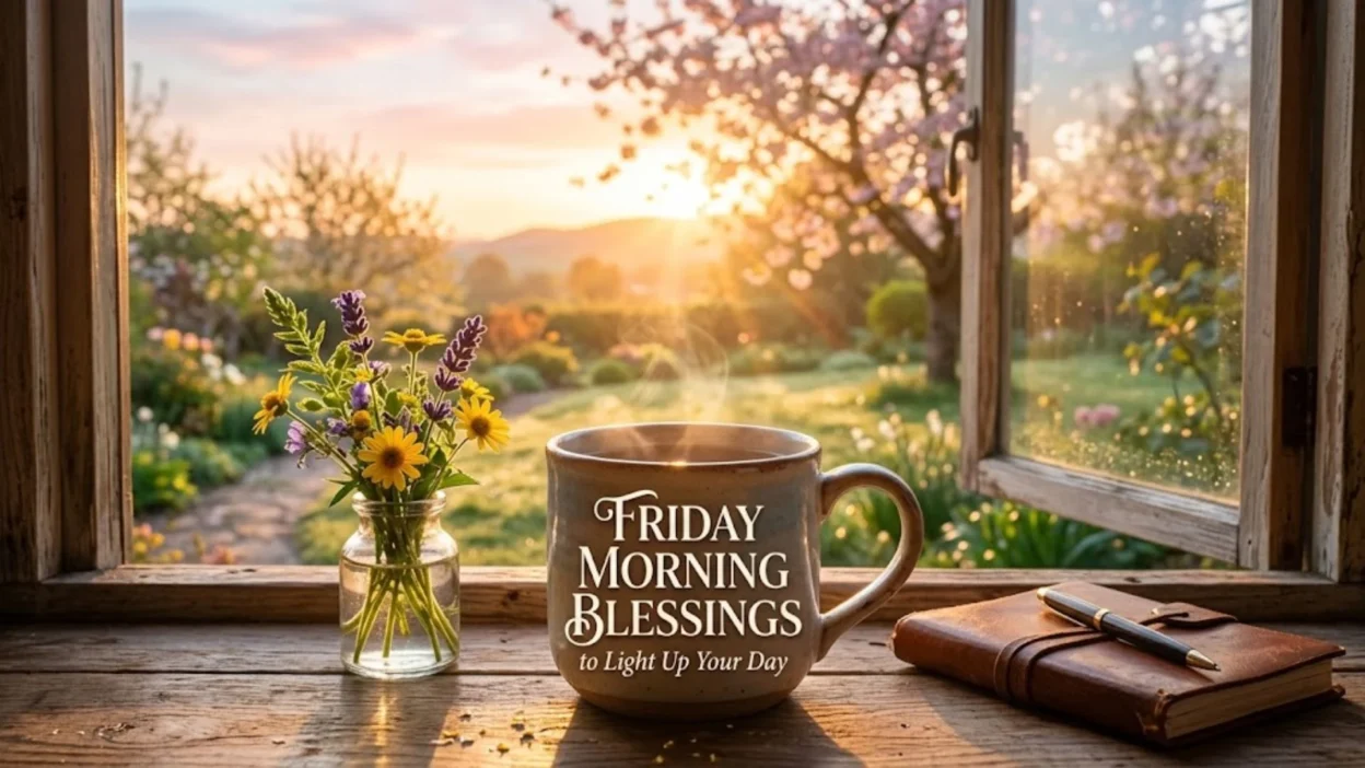 Steaming coffee mug and wild flowers on a rustic windowsill overlooking a sunny garden at dawn