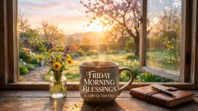 Steaming coffee mug and wild flowers on a rustic windowsill overlooking a sunny garden at dawn