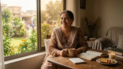 Elderly woman smiling with tea and book by a sunny window enjoying peaceful Saturday morning blessings